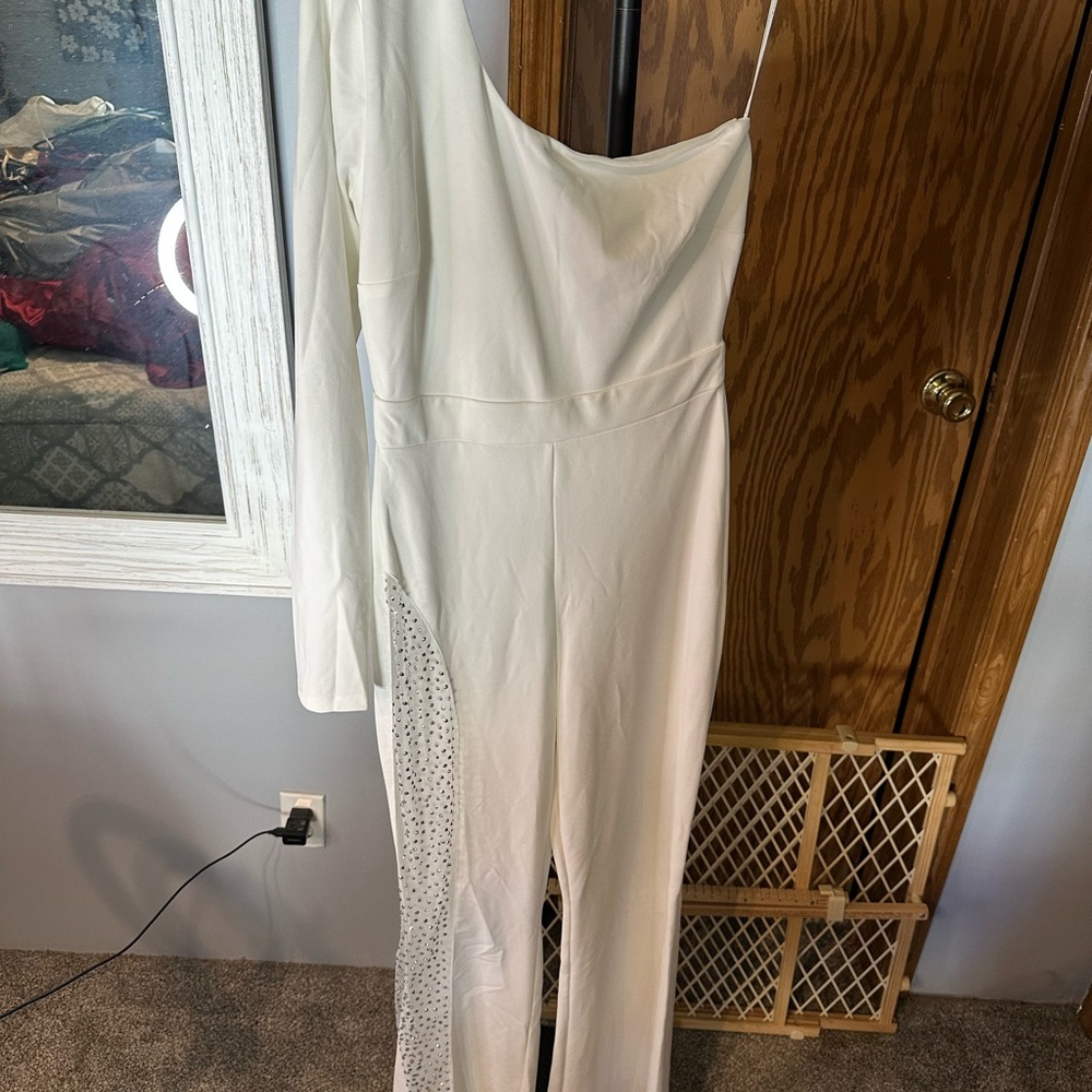 White One-Shoulder Jumpsuit with Rhinestone Detail by Symphony
